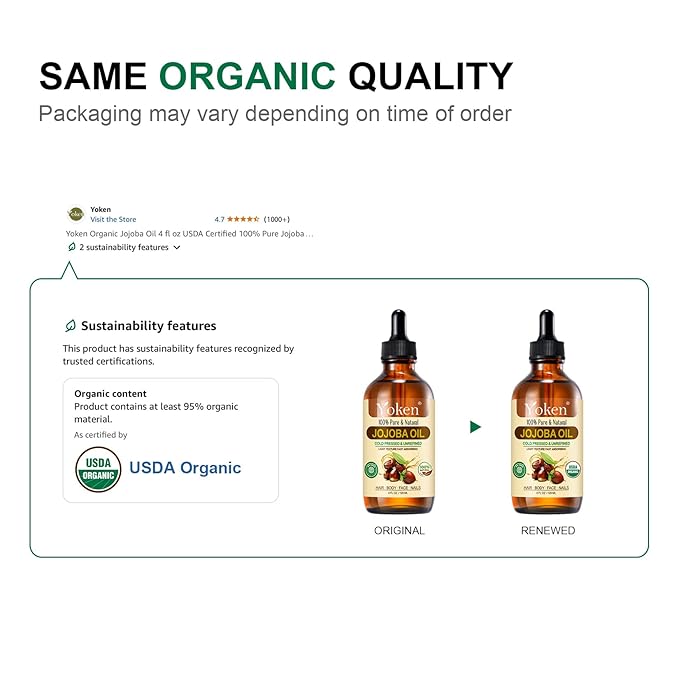 Jojoba Oil 4 fl oz EWG Verified Organic 100% Pure Jojoba Oil Cold Pressed for Skin, Hair, Nails, Cuticles - Unrefined & Hexane Free, Natural Moisturizer Carrier oils Facial Serum for Gua Sha