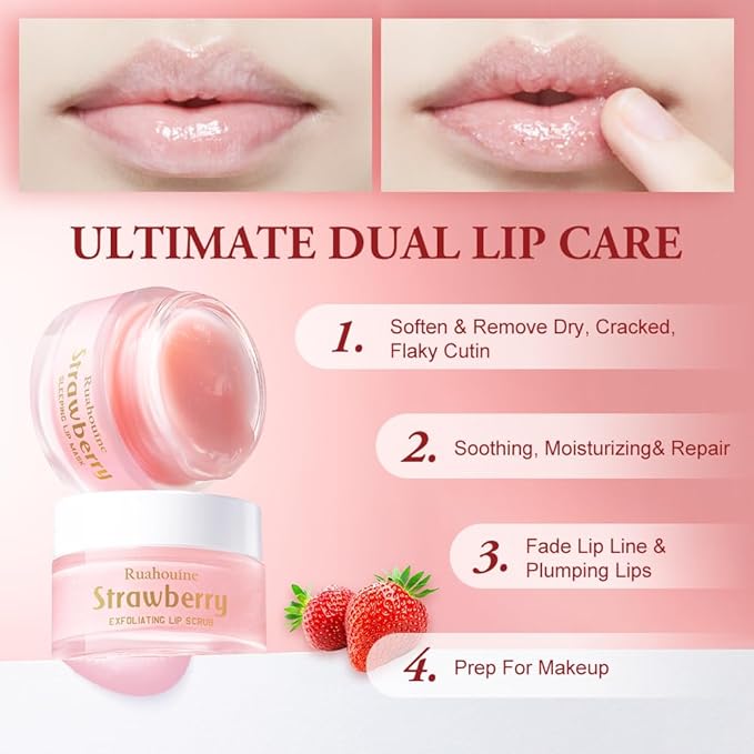 Strawberry Lip Scrub And Mask Set, Lip Scrub Kit, Lip Scrub Set, Sugar Lip Scrub Exfoliator, Lip Scrub For Dark Lips To Lighten, Lip Care Kit, Sleeping Lip Mask, Lip Mask Pack, 1.4 oz / 2-piece