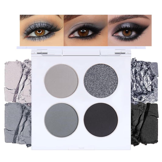 Eyeshadow Quads, 4 Black Smokey Grey Gray Silver Matte Shimmer Eye Shadow Makeup Palette Pigmented Silver Glitter Metallic Eyeshadow Makeup Palette sombra negra para ojos para ojos brillantes 01#