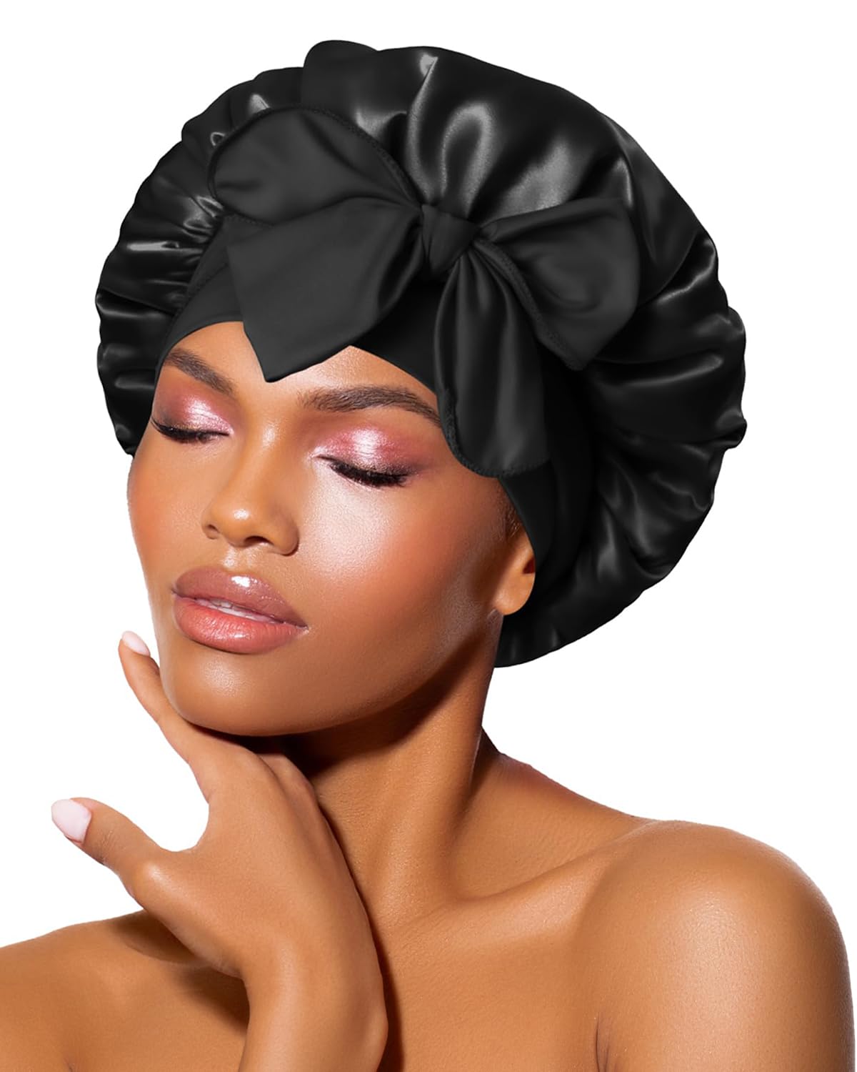 BONNET QUEEN Silk Bonnet for Sleeping Women Satin Bonnet Night Sleep Cap Wrap for Curly Hair with Adjustable Tie Band, Single Layer, Small, Black
