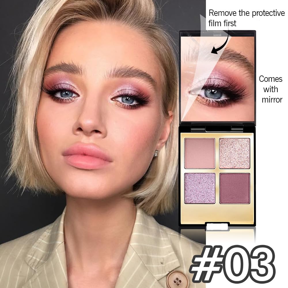 Eyeshadow Quad Makeup Palette – 4 Shades of Nude, Pink, Purple, Champagne Gold Tones, Blendable Matte & Shimmer, Long-Lasting Waterproof, Perfect for Mature & Young Women, with Built-In Mirror 03#