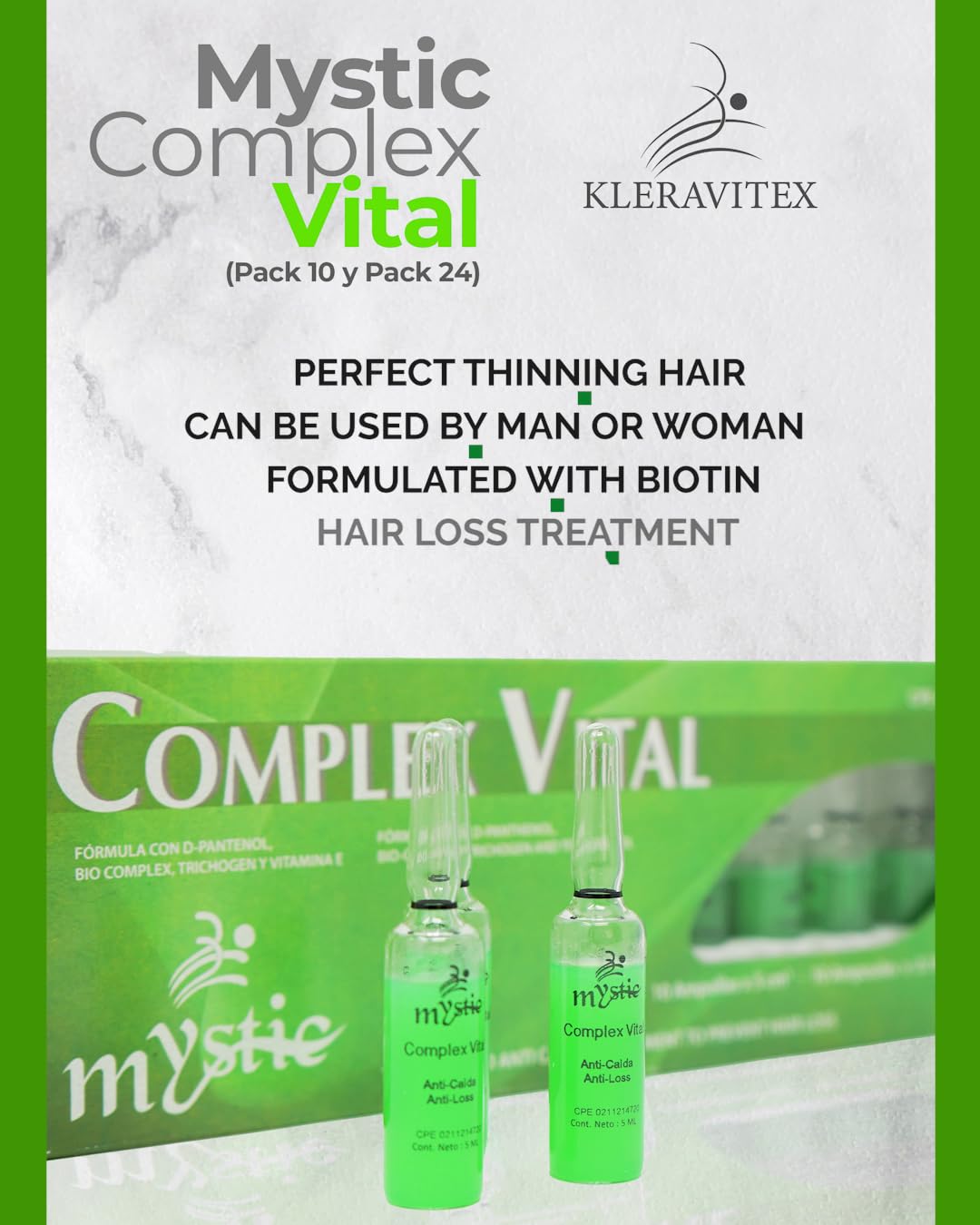 Mystic Complex Vital Ampoules For Hair Loss and Thinning - Regrowth Treatment With Biotin Bio-Complex and Tocopherol (Pk.10)