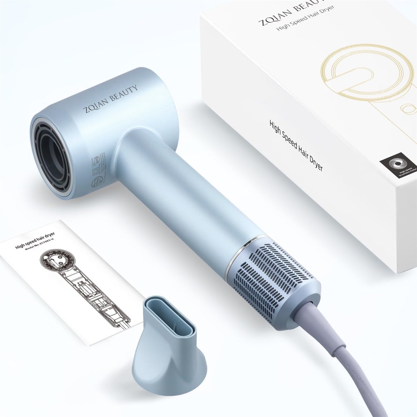 Ionic Hair Dryer with 200 Million Negative Ions, High-Speed Blow Dryer for Women and Men Fast Drying Low Noise Travel Hairdryer (Silver Blue, with Concentrator Nozzle)