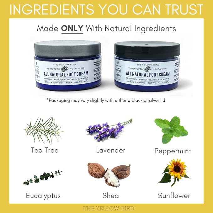 Yellow Bird Natural Foot Cream - For Dry and Cracked Feet Repair. Organic Athlete’s Foot Balm. Salve Moisturizer for Heel Care & Callus Treatment with Tea Tree Oil & Peppermint Essential Oils