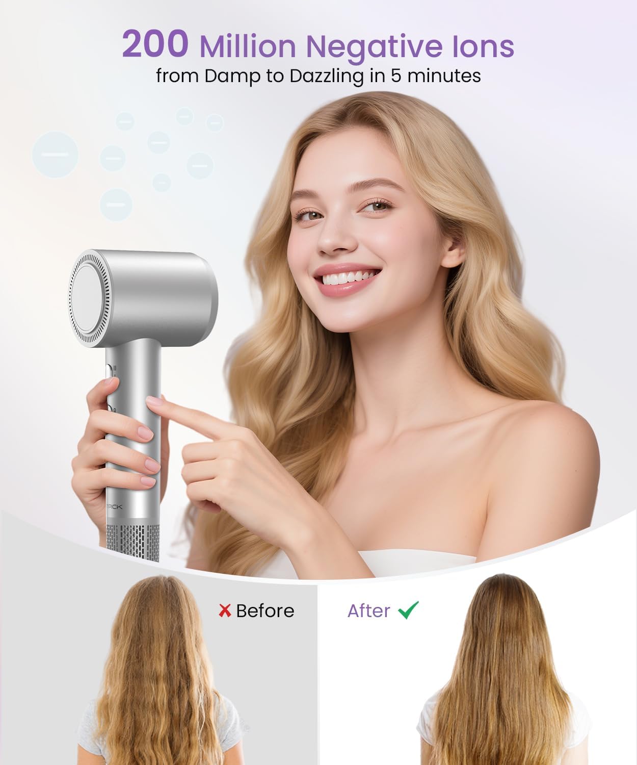 Hair Dryer Blow Dryer with Diffuser Nozzle, Fast Drying, 200 Million Negative Ionic for Hair Care, No Heat Damage, Low Noise Quiet, Durable Compact Lightweight Hairdryer for Women Home Travel