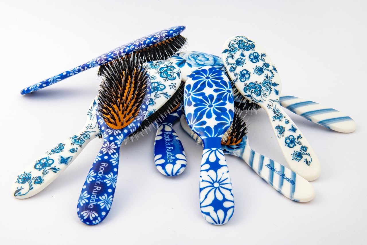 Rock & Ruddle Natural Mixed Boar Bristle Hair Brush for Women and Kids (Large, 21cm) - Perfect for Wet or Dry Hair, Detangling Smoothing Blowdrying - Designed & Made in UK - Pretty Blue