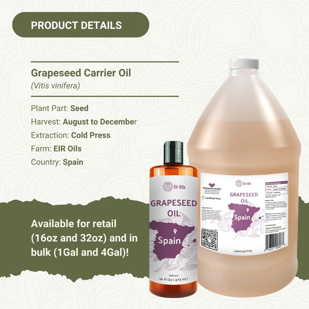 Grapeseed Oil - Pure Grapeseed oil for Skin - 100% Pure Carrier Oil for Hair, Face, and Skin - Direct from EIR Oils in the Beautiful Spanish Countryside (1 Gallon)