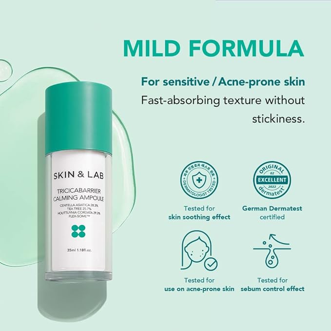 [SKIN&LAB] Tricicabarrier Calming Ampoule | Daily Facial Serum | Contains Centella Asiatica, Tea Tree and Houttuynia Cordata | Calming Sensitive, Oily Acne-Prone Skin | 1.18 Fl Oz