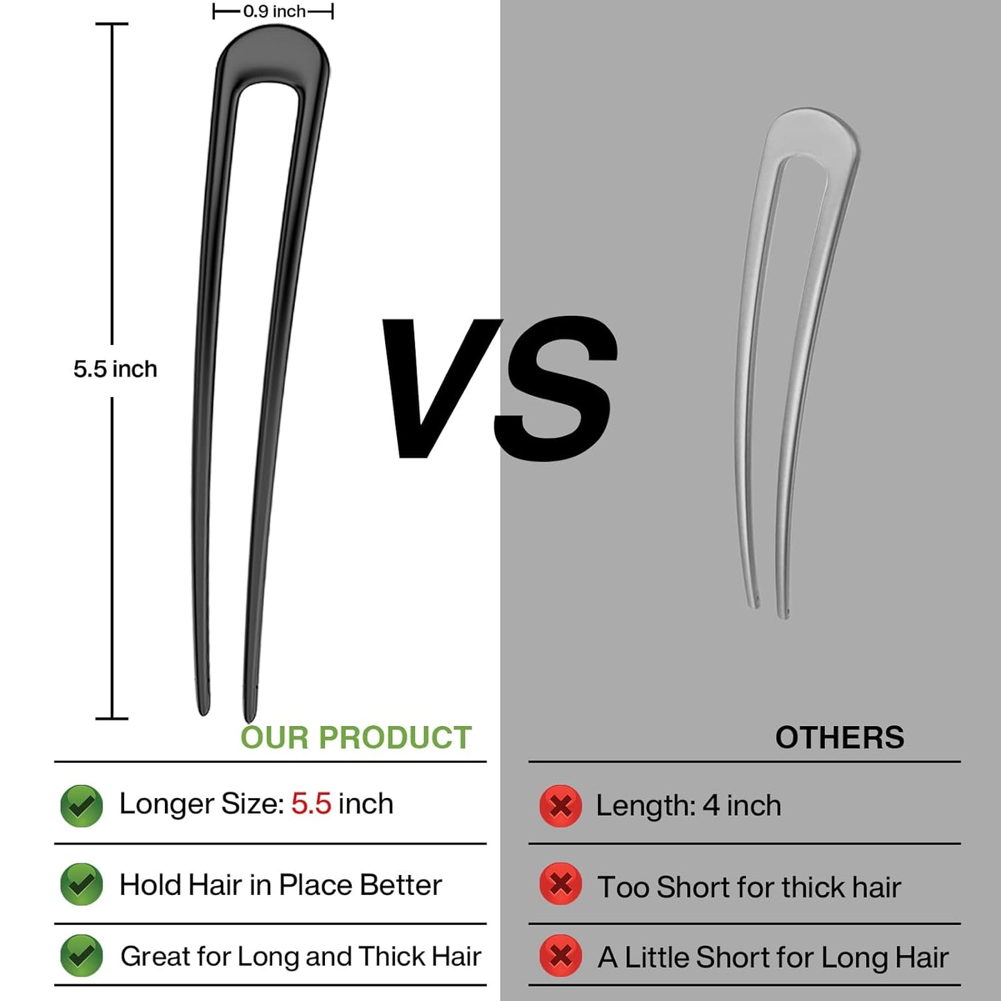 French Hair Pins Metal Hair Forks U Shaped Long Chignon 2 Prong Sticks for Women Hair Accessories (Black, Gold, Silver) 3Pcs