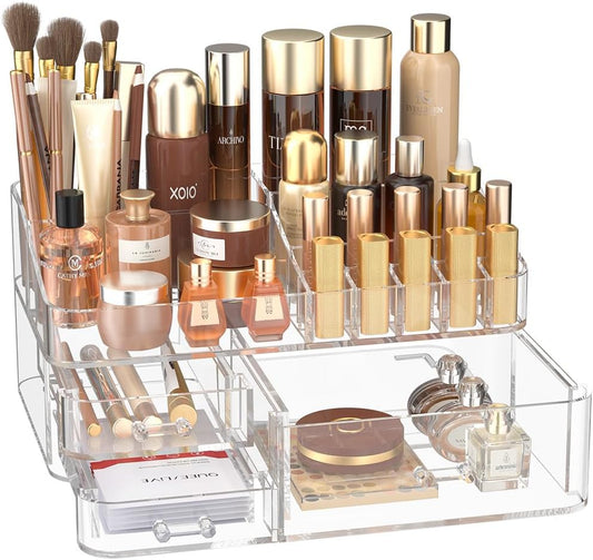 Makeup Organizer for Vanity, Acrylic Large Desk Organizer with Drawers, Ideal Vanity Holder for Cosmetics, Lipsticks, Nail Polish, Skincare, Countertop, Bathroom, Dresser