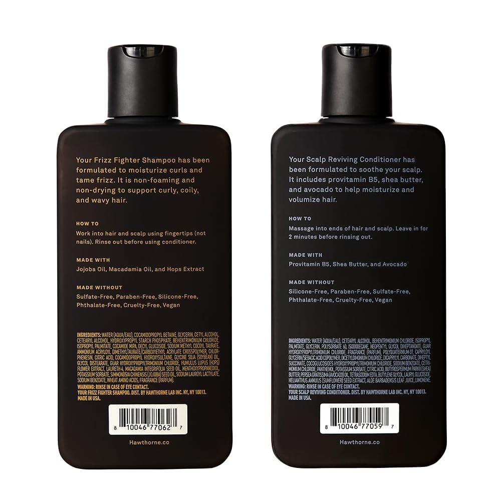 Hawthorne Ultra Nourishing Shampoo and Conditioner Set. Mens Curly Hair Shampoo and Conditioner Set with Frizz Fighter Shampoo and Scalp Reviving Conditioner. Sulfate Free, Paraben Free. 8 fl. oz each