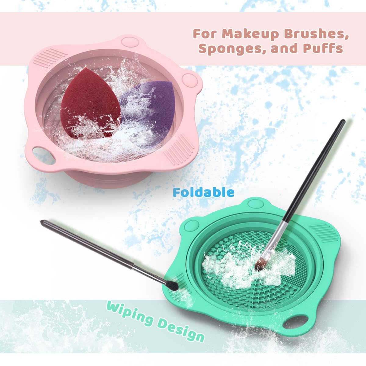 2PC Foldable Silicone Makeup Brush Cleaner Pad Bowls, YalsFTY Portable Mat Scrubber Cleaning Tool for Makeup Brushes (Pink and Green)