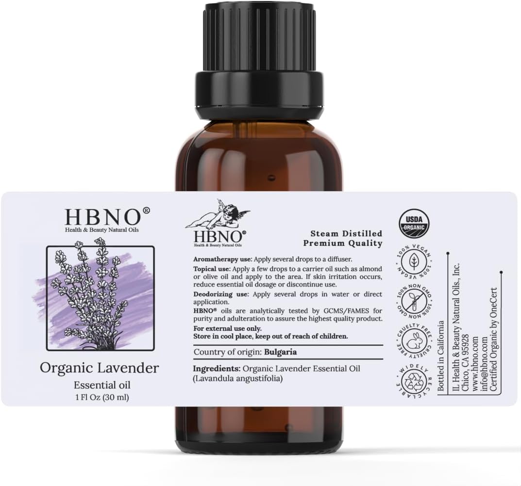 HBNO California Bottled Organic Lavender Essential Oil 1 fl oz (30ml) - USDA Certified Organic Lavender Oil for Skin, Perfect for Cleaning, Aromatherapy, DIY & Diffuser