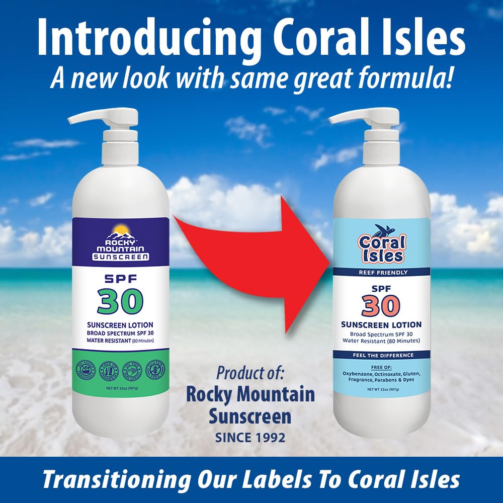 Coral Isles by Rocky Mountain Sunscreen | SPF 30 Lotion | Broad Spectrum UVA/UVB Protection | Hawaii Reef-Safe Act Compliant | Oxybenzone & Octinoxate Free | Water Resistant 80 Min. | 32 Fl Oz