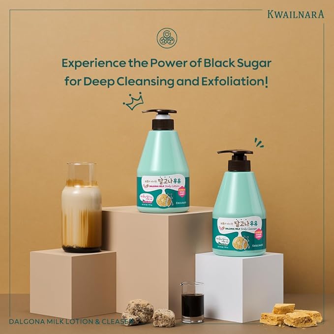 WELCOS Kwailnara Dalgona Milk Body Lotion & Body Wash Set – Energizing & Moisturizing Korean Skincare Set with Dalgona Extract, 560g / 19.75oz Each