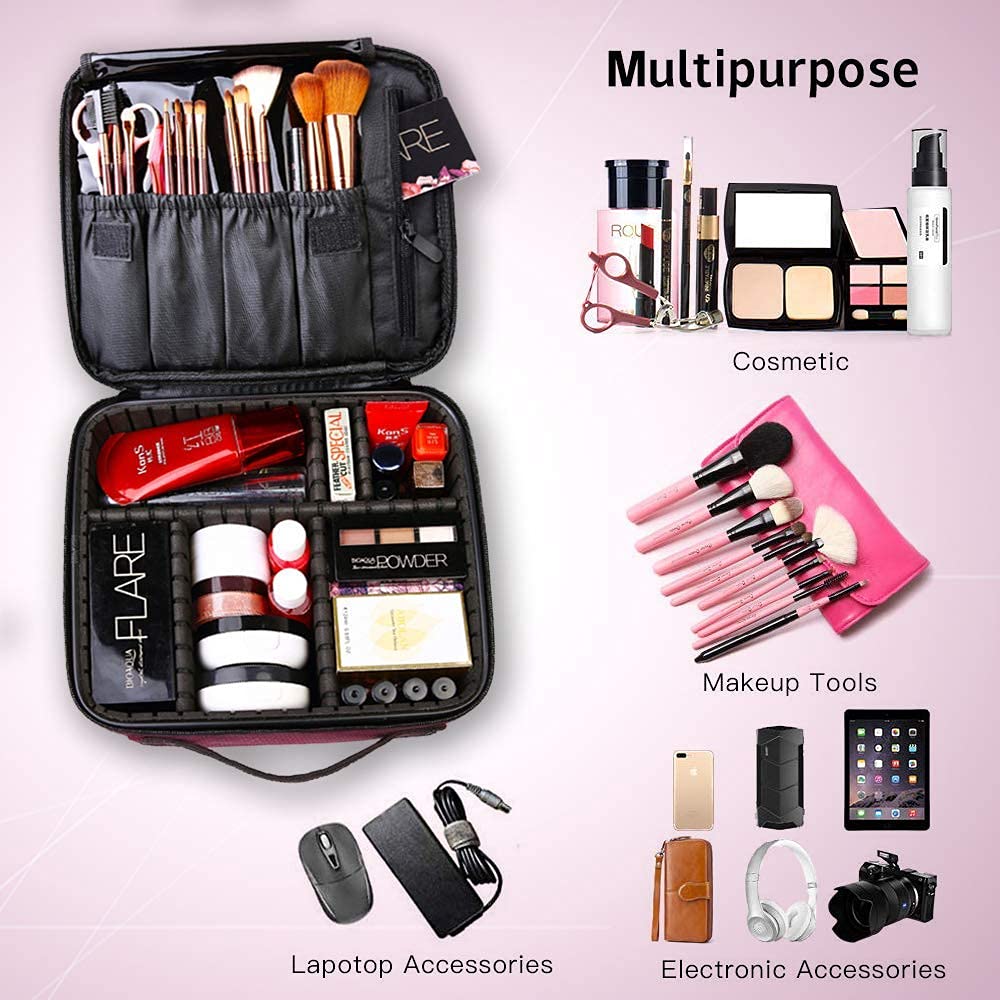 gzcz Travel Makeup Bag,Portable Makeup Case for Women,Professional Cosmetic Train Case Organizer Artist Storage Bag With Adjustable Dividers Brushes Toiletry Jewelry Digital Accessories