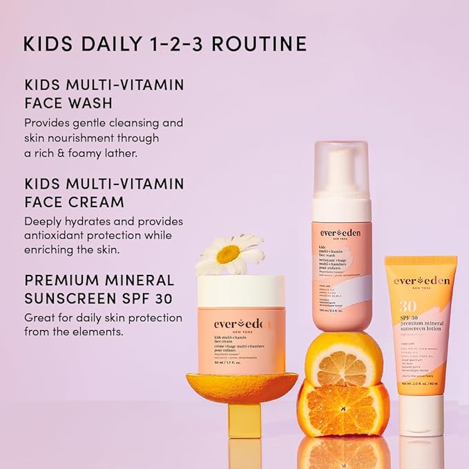 Evereden Daily 1-2-3 Routine Bundle: Clean & Vegan Skin Care Set for Kids - Hydrating & Nourishing Tween Skincare Set with Multi-Vitamin Face Wash, Face Cream, Lotion, & SPF 30 Mineral Sunscreen