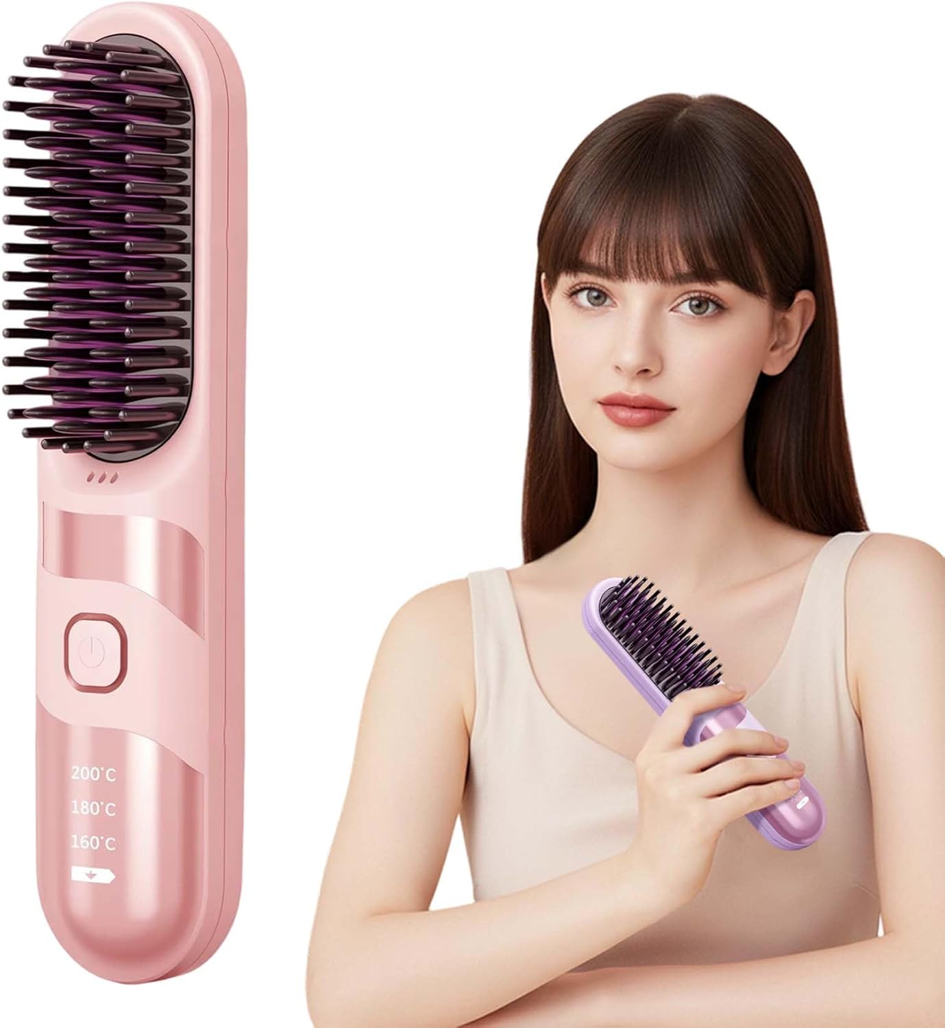 Cordless Hair Straightener Brush, 2026 Updated Mini Portable Hair Straightener for Travel, Fast Heating Straightening Brush, USB Ceramic Electric Hair Comb for Women Straightening and Curling(Pink)