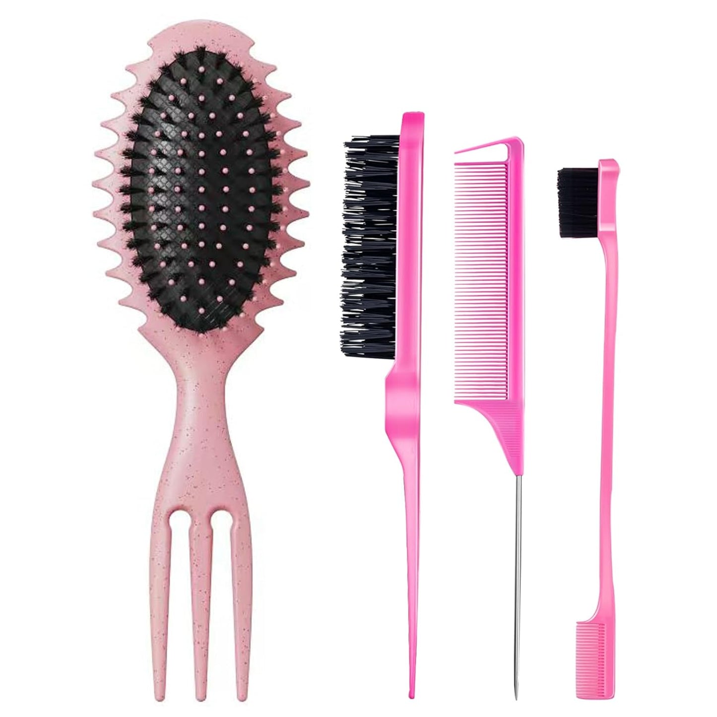 Curly Hair Boar Bristle Curl Defining Brush for Curl Wave Straight Hair, Unique Trident Handle Design Defineing Brush for Wet Dry Hairs, Styling Massage Hairbrush Hairs Pick Comb Edge Comb Pink