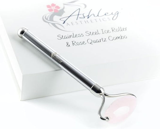 Stainless Steel Ice Roller & Rose Quartz Facial Set | Luxury Skin Care Tools for Lymphatic Drainage, Product Absorption, Skin Tightening, & Relaxation