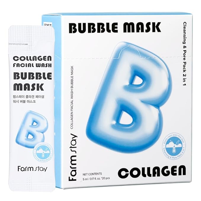 Collagen Facial Wash Bubble Mask, Korean Pore Cleanser for Blackheads, Exfoliator Dead Skin Cells, Deep Cleansing & Hydrating, Non-Irritating & Soothing for Sensitive Skin, For Men & Women, 20 pcs