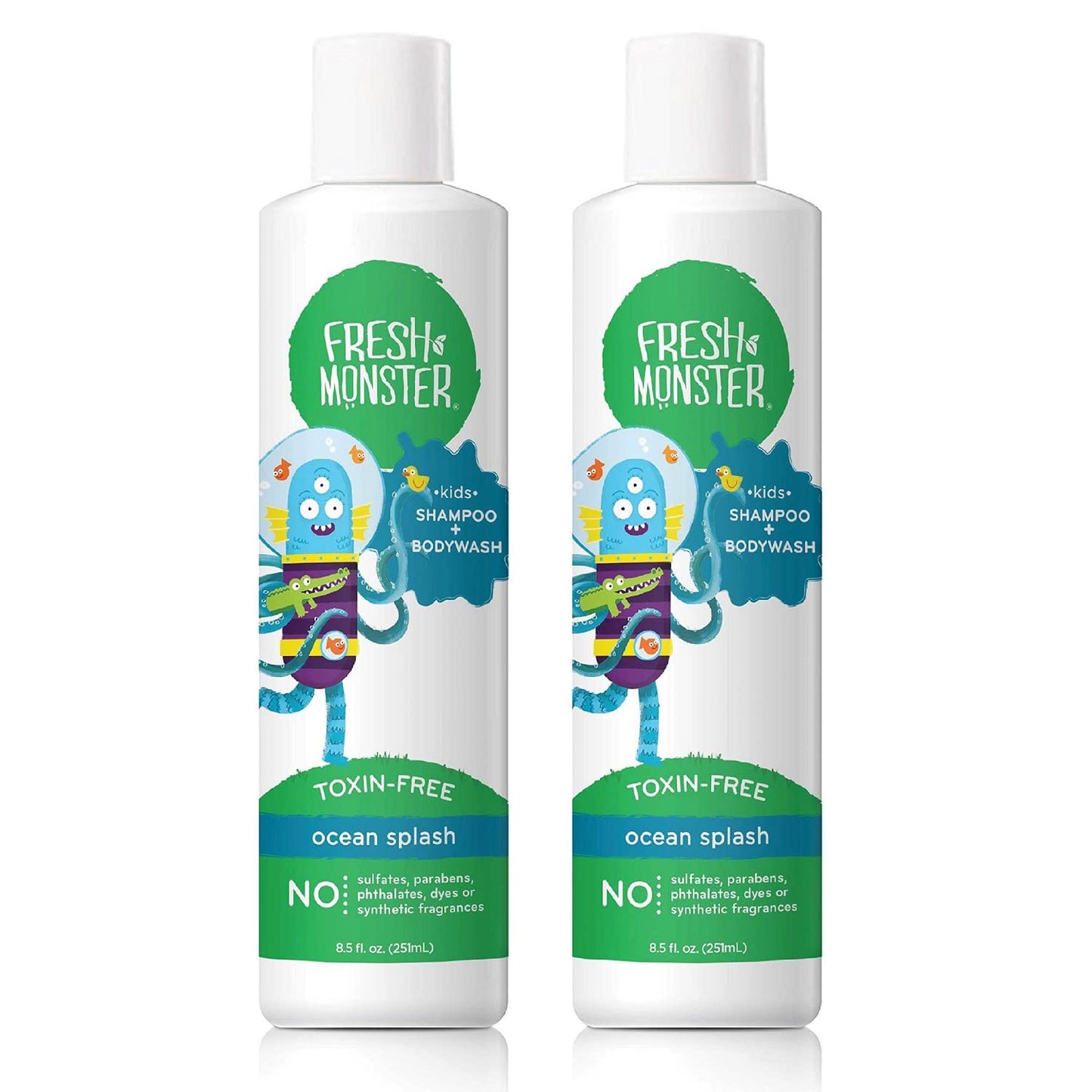 Fresh Monster 2-in-1 Natural Shampoo & Body Wash for Kids, Toxin-Free, Hypoallergenic, Ocean Splash (2 Pack, 8.5oz/each)