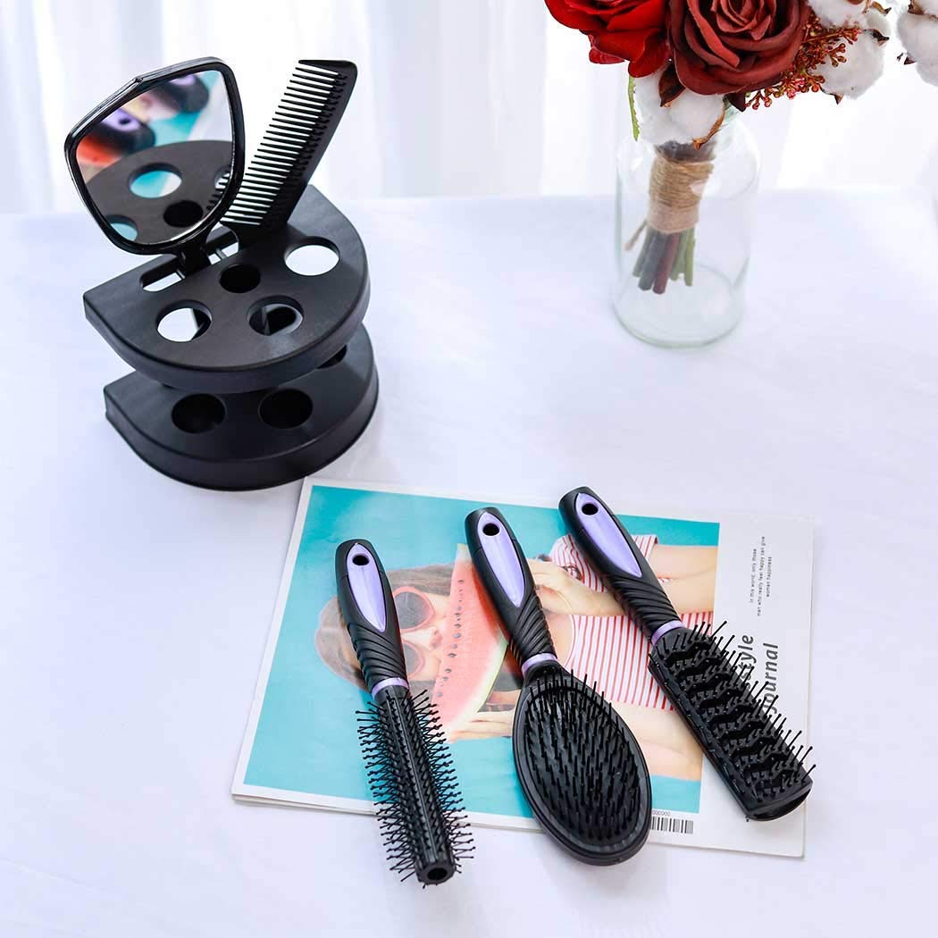 5 Pcs Hair Combs Set Professional Salon Hair Cutting Brushes Sets Salon Hairdressing Styling Tool Mirror And Holder Stand Set Dressing Comb Kits for Women and Men,Purple