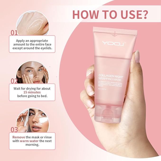 Collagen Overnight Wrapping Peel Off Facial Mask Pack,Collagen Night Wrapping Mask,Hydrates and Tightens Skin,Reduces Sagging,Elasticity & Hydration Care 2.54 fl.oz (Brush Included)