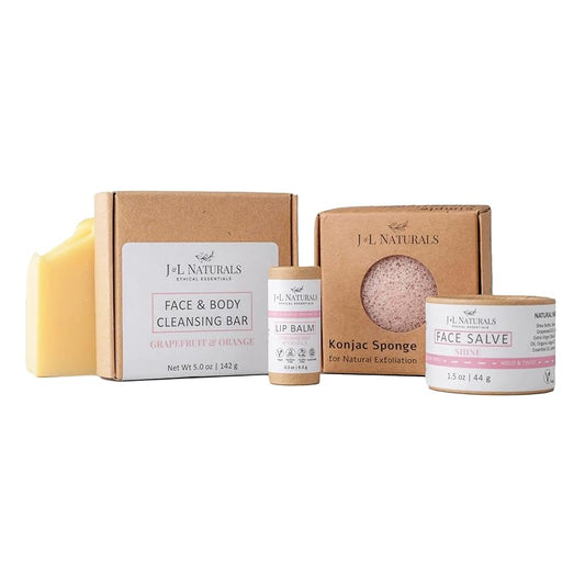 J&L Naturals Simple Skin Regimen Kit With Cleansing Bar, Face Salve, Konjac Sponge, Lip Balm | For Oily, Dry, Mature, and Combination Skin | Zero Waste (Shine (normal, dull skin), Simple)