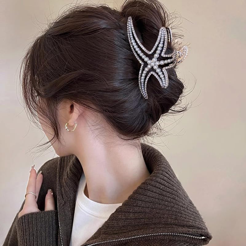 Starfish Hair Claw Clip for Thick or Thin Hair, 1PCS Sliver Starfish Hair Clips Strong Hold Large Shark Hair Jaw Clips Starfish Hair Accessories Decoration Non-Slip Clamp Clips for Women Hair Styling