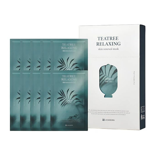 LEADERS Teatree Relaxing Skin Renewal Mask – Soothes & Calms Sensitive, Acne-Prone Skin – Controls Excess Oil & Reduces Redness – Hydrating and Refreshing Sheet Mask for Oily Skin – 10 Sheets