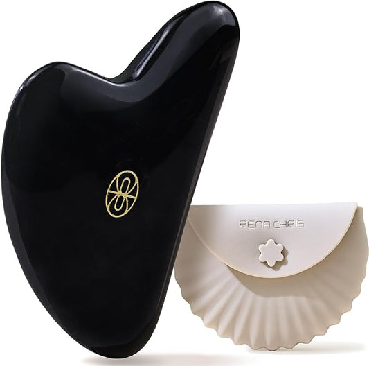 Rena Chris Gua Sha Facial Tools-Ergonomic Black Obsidian Jade Gua Sha for Face Massage, Jawline Sculpting & Puffiness Reduction with Silicone Case (Black)