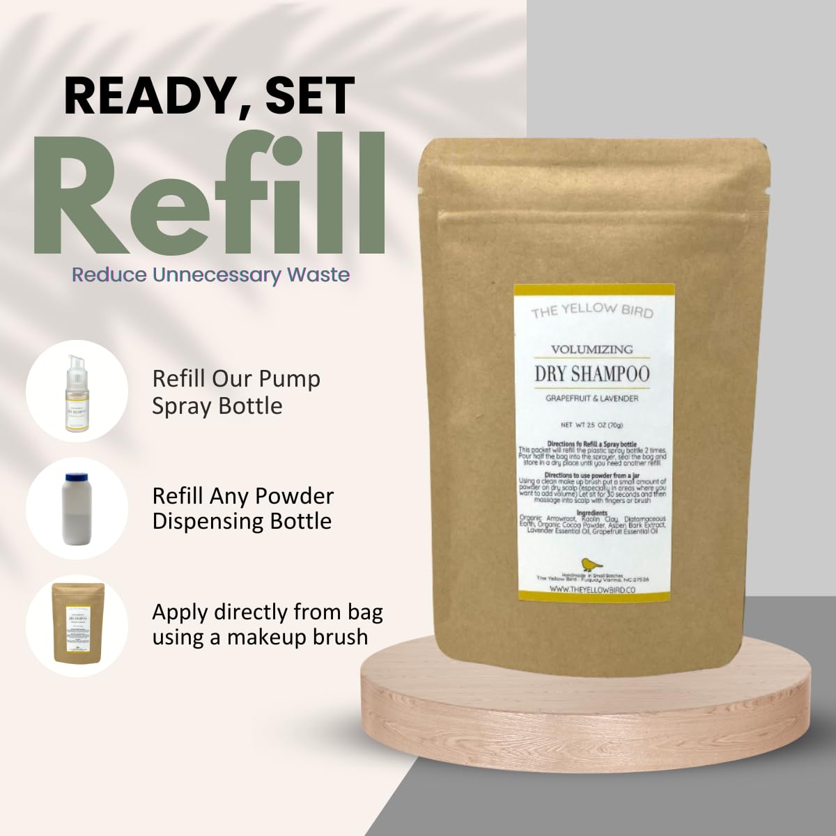 Yellow Bird All Natural Dry Shampoo Powder Eco Friendly Refill Packet - Aerosol Free, Talc Free, Volumizing Powder for Light & Dark Hair.