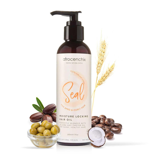 Afrocenchix Seal - Jojoba Oil for Afro and Curly Hair - Moisture Locking Pure and Natural Joba and Castor Oils for Shine, Growth, and Thicker Healthier Hair - Organic Vegan Formula - 200ml (7oz)