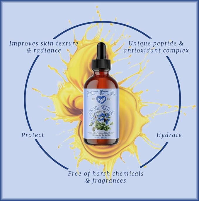 Natural Born Oils Borage Seed Oil, 8oz, Organic, Cold-Pressed, Carrier Oil, Omega-6 Rich, Skin Moisturizer, Hair Health Enhancer