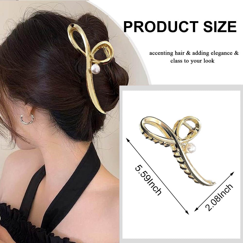 1Pcs Large Metal Hair Claw Clip for Women - Gold Bowknot Design with Pearls, Strong Hold for Long Thick Hair, No Slips Jaw Clamp for Hair Styling