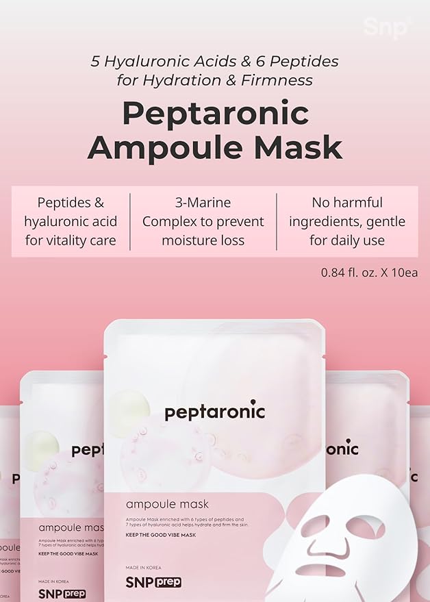 [K Beauty Snp] Peptaronic Ampoule Sheet Mask | Peptide and Hyaluronic Acid Sheet Mask | Hydrating, Moisturizing, and Friming for Dry Skin Types | Korean Skin Care Facial Mask | 10 Sheets