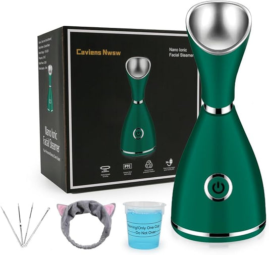 Facial Steamer-Nano Ionic Facial Steamer Warm Mist Humidifier Atomizer Sprayer Moisturizing Face Steamer Home Sauna SPA Face with 4 Piece Stainless Steel Skin Kit and Hair Band(Green)