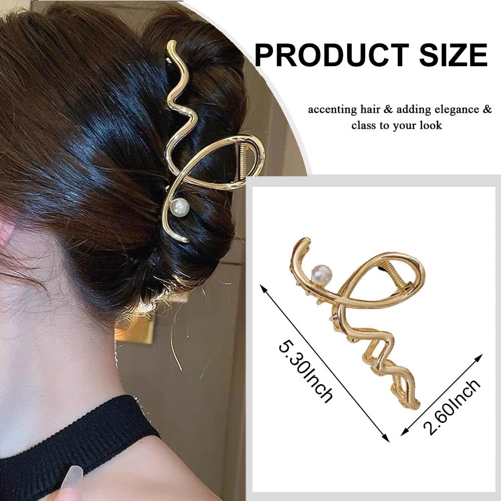 Women's Hair Accessories - Large Metal Claw Hair Clips with Gold Wave Pearl Design, Strong Hold, Non-Slip Barrette for Hair Styling