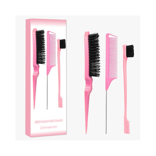 Pink Comb Set 3 piece, Slick Back Brush with Edge Brush, styling comb for kids for middle part，Rat Tail Comb, Teasing Brush Set for Smoothing brush Baby Hair