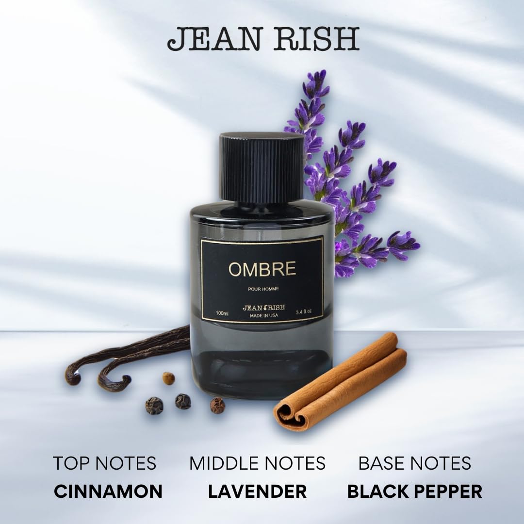 Jean Rish Ombre, Eau de Parfum for Men (3.4 Fl Oz / 100ml) with Cinnamon, Lavender & Black Pepper Notes – Long Lasting and Luxury Fragrance, Made in USA