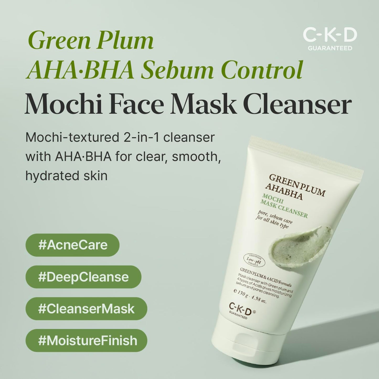 CKD Green Plum AHA·BHA Clay Mask Cleanser - All in One, Korean Face Wash + Makeup Remover + Gentle Scrub with Controls Sebum, Tightens Pores, Removes Blackheads. All Skin Types. 4.58 oz