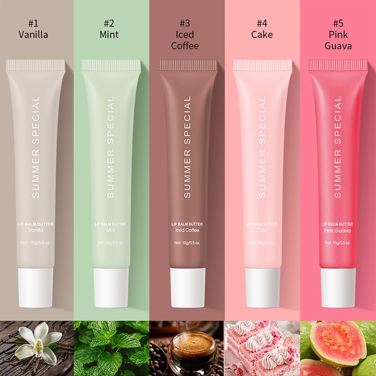 5-Color Summer Special Lip Balm Butter-Shea Butter & Avocado Oil Formula, Lightweight & Non-Sticky, 5 Trending Shades (Vanilla/Mint/Iced Coffee/Cake/Guava), Soften Dry and Lip Care, Gift Box for Teens