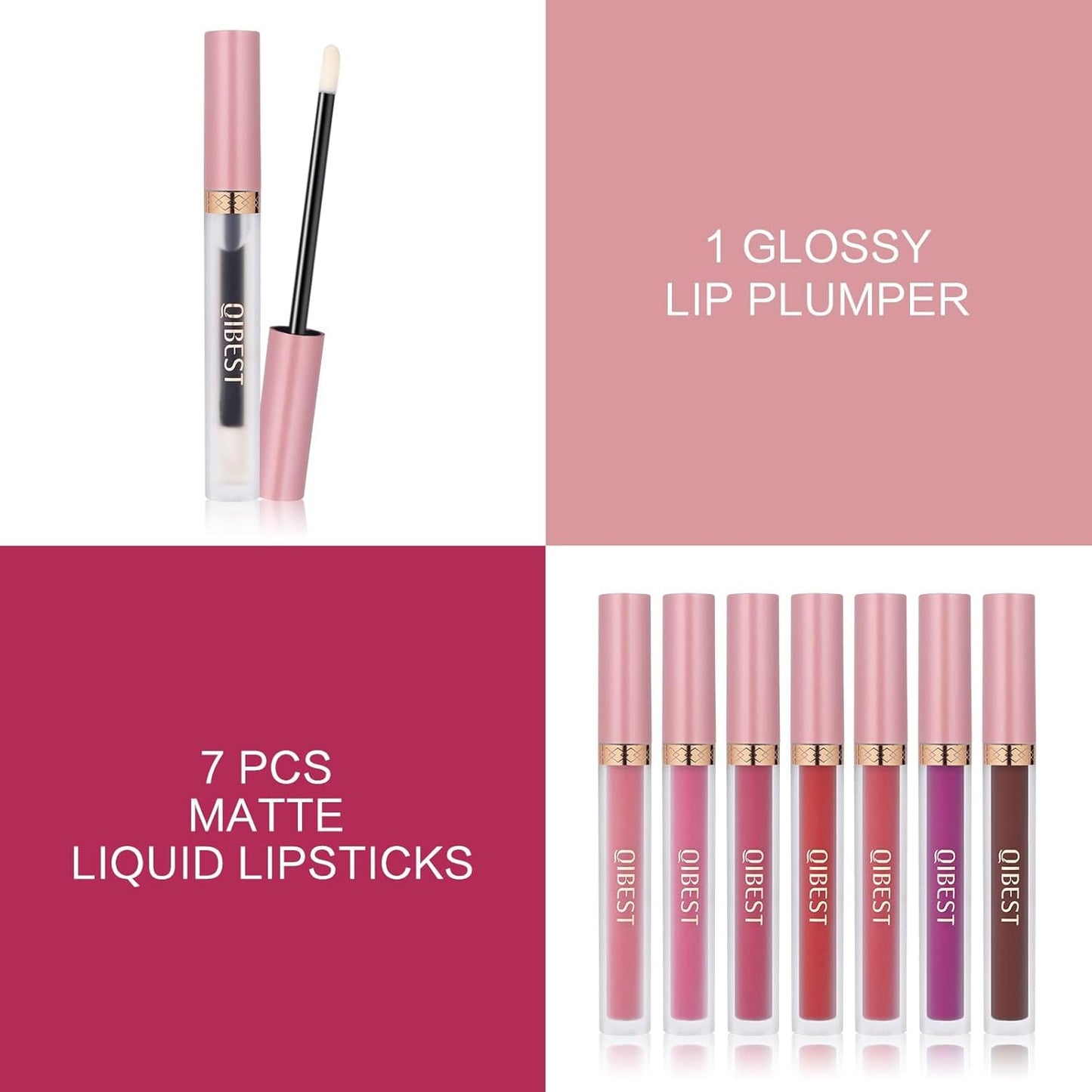 QiBest 7Pcs Matte Liquid Lipstick and 1Pcs Lip Plumper Makeup Set, Pigmented Waterproof Halloween Lip Make Up Valentine's Gift Lip Gloss Sets Long Wearing Velvet Lip Kit for Teens & Women