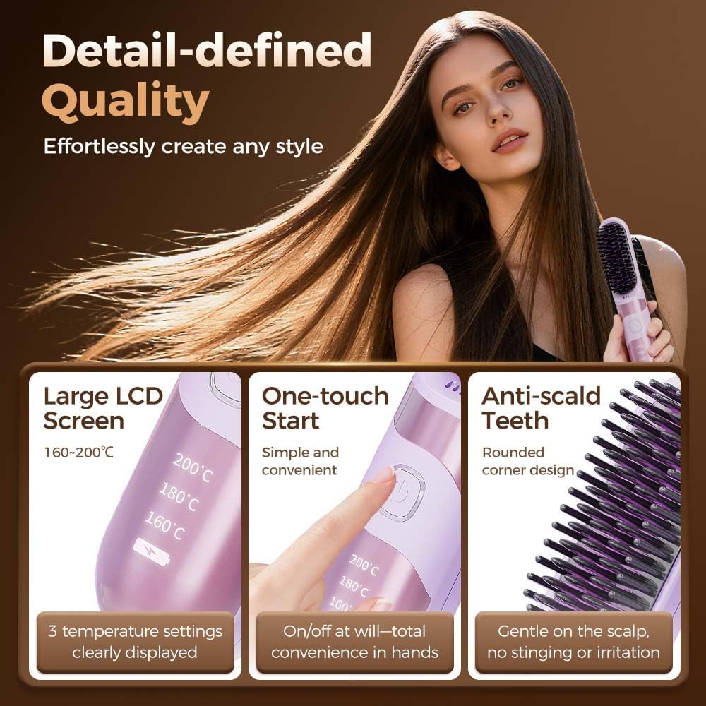 Cordless Hair Straightener Brush, 2026 Updated Mini Portable Hair Straightener for Travel, Fast Heating Straightening Brush, USB Ceramic Electric Hair Comb for Women Straightening and Curling(Purple)