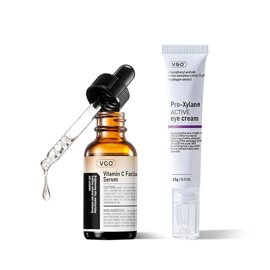 VGO Vitamin C Vitamin E Facial Serum 1.01oz + Eye Repair Cream for Dark Circles & Puffiness 0.5oz
