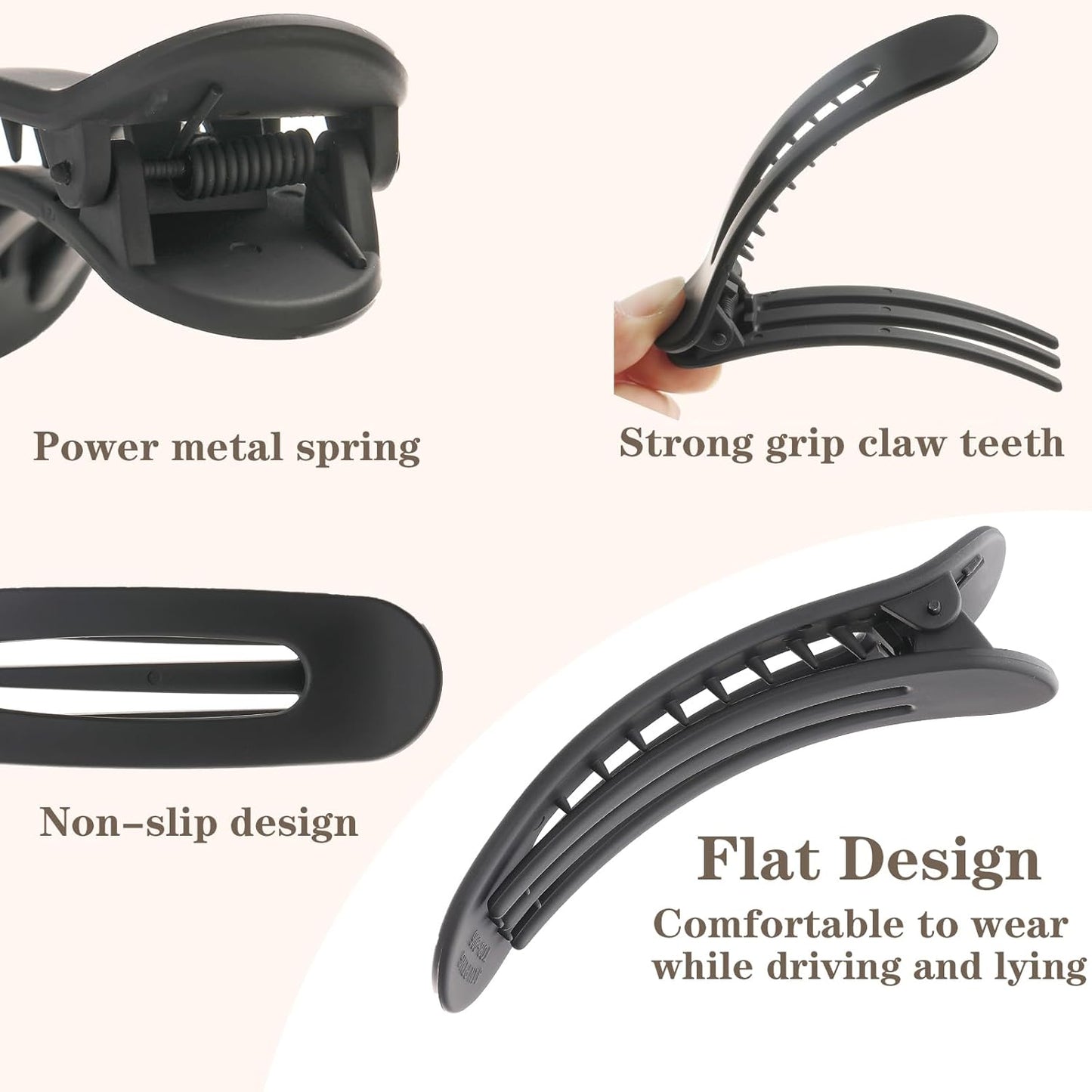 5 Pcs Flat Hair Clips, Large Lay Flat Claw Clips for Women Girls,Strong Hold Non-slip Matte Hair Claws for Thick Thin Hair(Black&Tortoise)