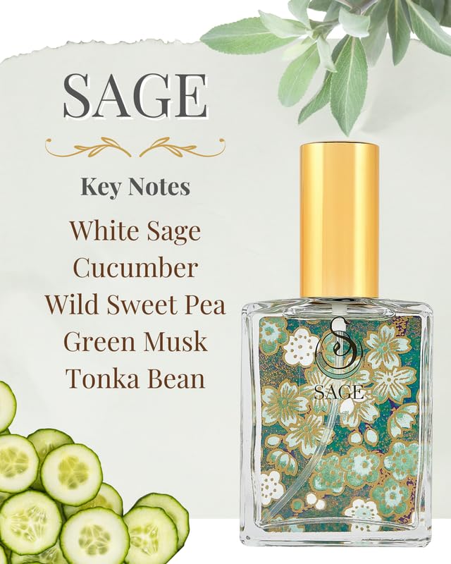 Sage Organic Perfume Spray by Sage- 2 oz, Vegan & Cruelty-Free, Fresh Scent, Cucumber, White Sage, Sweet Pea - Made in USA