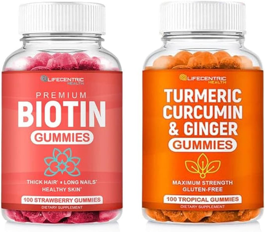 Biotin & Turmeric Vegan Gummies Combo | Max Strength Hair Growth, Skin Health, and Overall Wellness | 10000mcg Biotin & 95% Standardized Turmeric Curcumin | Natural, Non-GMO and Gluten-Free Supplement