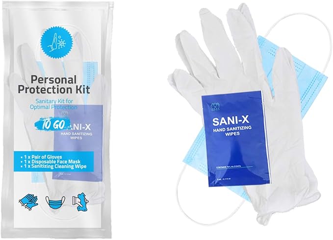All-in-One Personal Protection Kits to GO - 10 Pack - With Plastic Gloves, Hand Cleansing Wipes, Disposable Face Mask